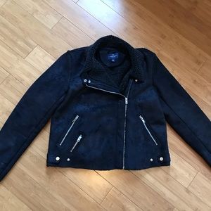 Faux suede shearling lined moto jacket